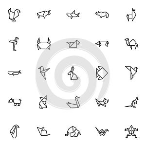 Origami animals line icons set