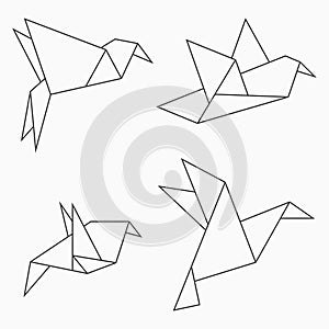 Origami bird collection. Set of line geometric shape for art of folded paper. Vector.