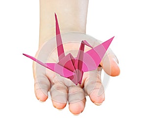 Origami bird on the hand.