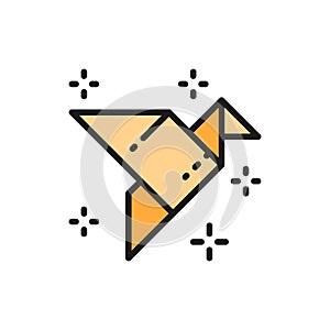 Origami bird, paper application, crane flat color line icon.