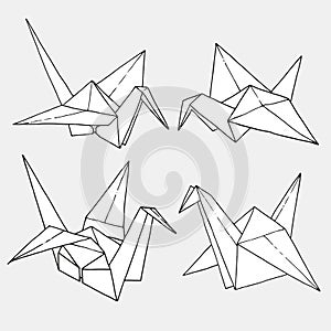Origami birds crane shapes vector set, hand drawn folder paper art animal illustration