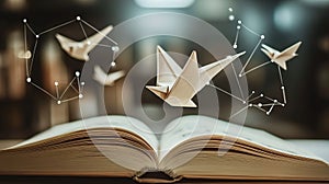 Origami birds fly from open book in library