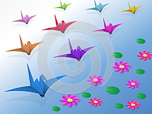 Origami Birds flying over the water and lotus