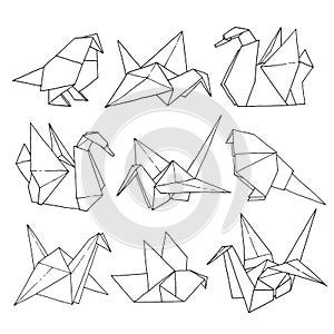 Origami birds shapes vector set, hand drawn folder paper art color animals illustration