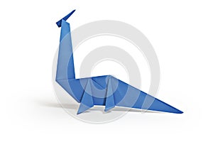 Origami blue dinosaur on the white background