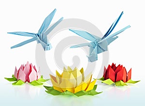 Origami blue dragonfly and lotus