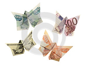 Origami butterflies euro, dollar, ruble