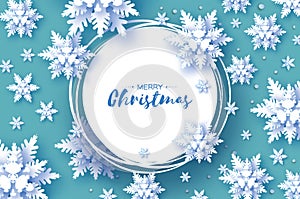 Origami Christmas Greetings card. Snowfall. Paper cut snow flake. Happy New Year. Winter snowflakes background. Circle