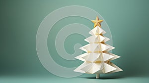 Origami christmas tree on green pastel background