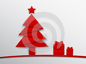 Origami Christmas tree with red star and gifts - vector