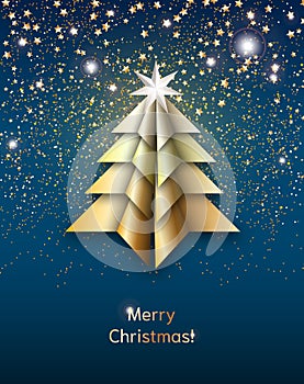 Origami Christmas tree with stardust on dark blue sky, illustration