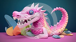 Origami conceptual composition with pink dragon. Paper craft. Art composition. Generative AI illustration for cover, card,