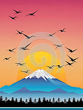 Origami cranes fly in front of Mt. Fuji