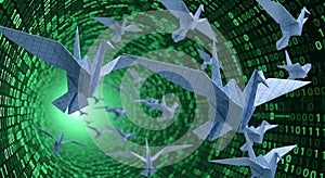 Origami Cranes Flying Through Digital Binary Code Tunnel