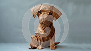 Origami Dog: An origami art piece resembling a dog made entirely out of folded paper is sitting on the ground