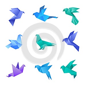 Origami dove. Pigeon birds from paper stylized polygon geometrical abstract animals vector origami collection