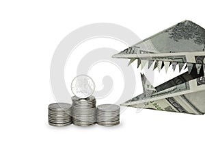 An origami figure of dollars in the form of an animal`s head with teeth and a ruble coin. The concept of the growth of the dollar