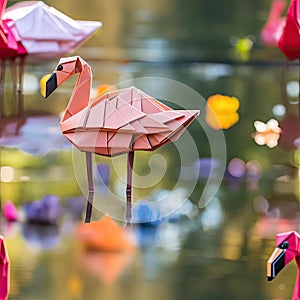 Origami flamingo in water with fantastical contraptions and soft-focus portraits (tiled)