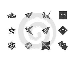 Origami flat glyph icons set. Paper cranes, bird, boat, plane vector illustrations. Signs for japanese creative hobby