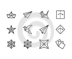 Origami flat line icons set. Paper cranes, bird, boat, plane vector illustrations. Thin signs for japanese creative