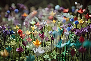 origami flower garden, with delicate flowers made from paper