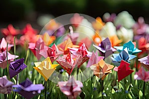 origami flower garden, with delicate flowers made from paper