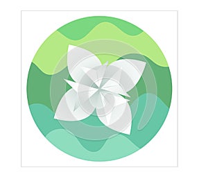 Origami flower is located on multi-colored waves background.