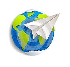 Origami folded toy plane flying around the cartoon paper cut earth, vector modern style 3d illustration isolated on white