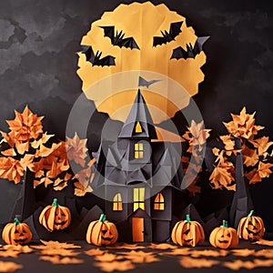 Origami Halloween background with haunted house, pumpkins and bets