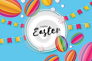 Origami Happy Easter. Colorful Paper cut Easter Egg, white flower. Circle frame. Flags. Blue background