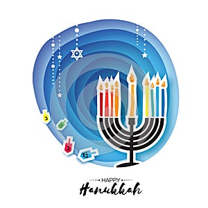 Origami Happy Hanukkah. Greeting card for the Jewish holiday. Menorah traditional candelabra and burning candles