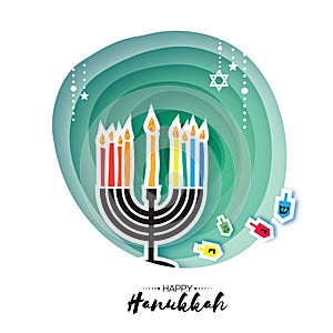 Origami Happy Hanukkah. Greeting card for the Jewish holiday. Menorah traditional candelabra and burning candles