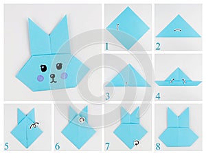 Origami instruction is a step-by-step rabbit from a paper collage