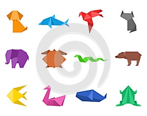 Origami japanese animals set. Modern hobby. Polygon folded paper color figure toy. Art of paper folding. Cartoon