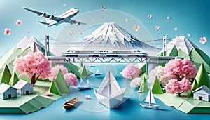 Origami Journey in Japan: Boat, Shinkansen, Plane, and Sakura