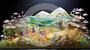 Origami Meadow Delight: Children and Rainbow in a Paper Wonderland