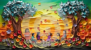 Origami Meadow Delight: Children and Rainbow in a Paper Wonderland