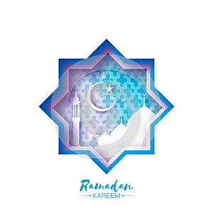 Origami Mosque Star Window Ramadan Kareem Greeting card with arabic arabesque pattern.