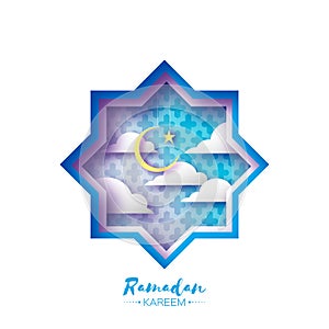 Origami Mosque Star Window Ramadan Kareem Greeting card with arabic arabesque pattern.