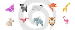 Origami paper animals asian creative vector art. Origami japan animal butterfly, dog terrier, elephant, owl, sheep, bird and giraf