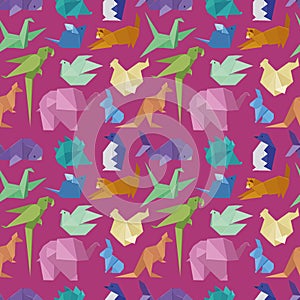 Origami paper animals geometric game japanese toys design seamless pattern vector illustration.