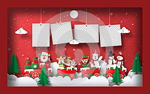 Origami Paper art of blank photo with Santa Claus and friends on a Christmas train, Postcard banner background