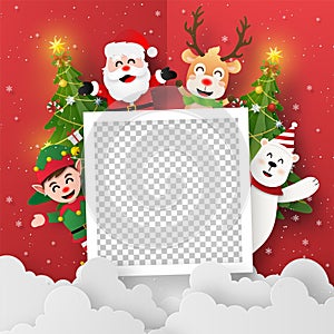 Origami Paper art of blank photo with Santa Claus and friends, Merry Christmas and Happy New Year