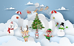 Origami Paper art of Christmas party at snow mountain with Santa Claus and Christmas character