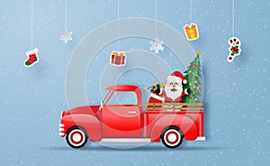 Christmas red truck with Santa Claus, Merry Christmas and Happy New Year