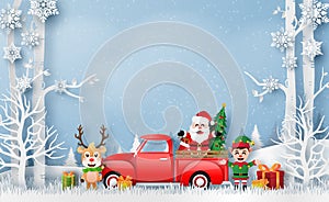 Christmas red truck with Santa Claus, Reindeer and Elf, Merry Christmas and Happy New Year