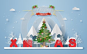Origami paper art of Christmas tree with word XMAS at the mountain