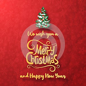 Origami Paper art of Postcard banner Merry Christmas and Happy New Year with Christmas tree