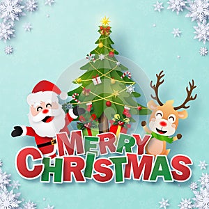 Paper art of Postcard Santa Claus and Reindeer with Christmas tree and text MERRY CHRISTMAS on blue background