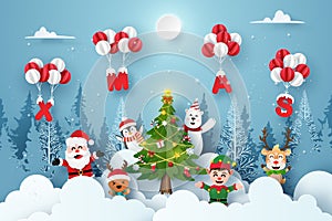 Origami Paper art of Santa Claus and cute cartoon character in Christmas party with XMAS balloon